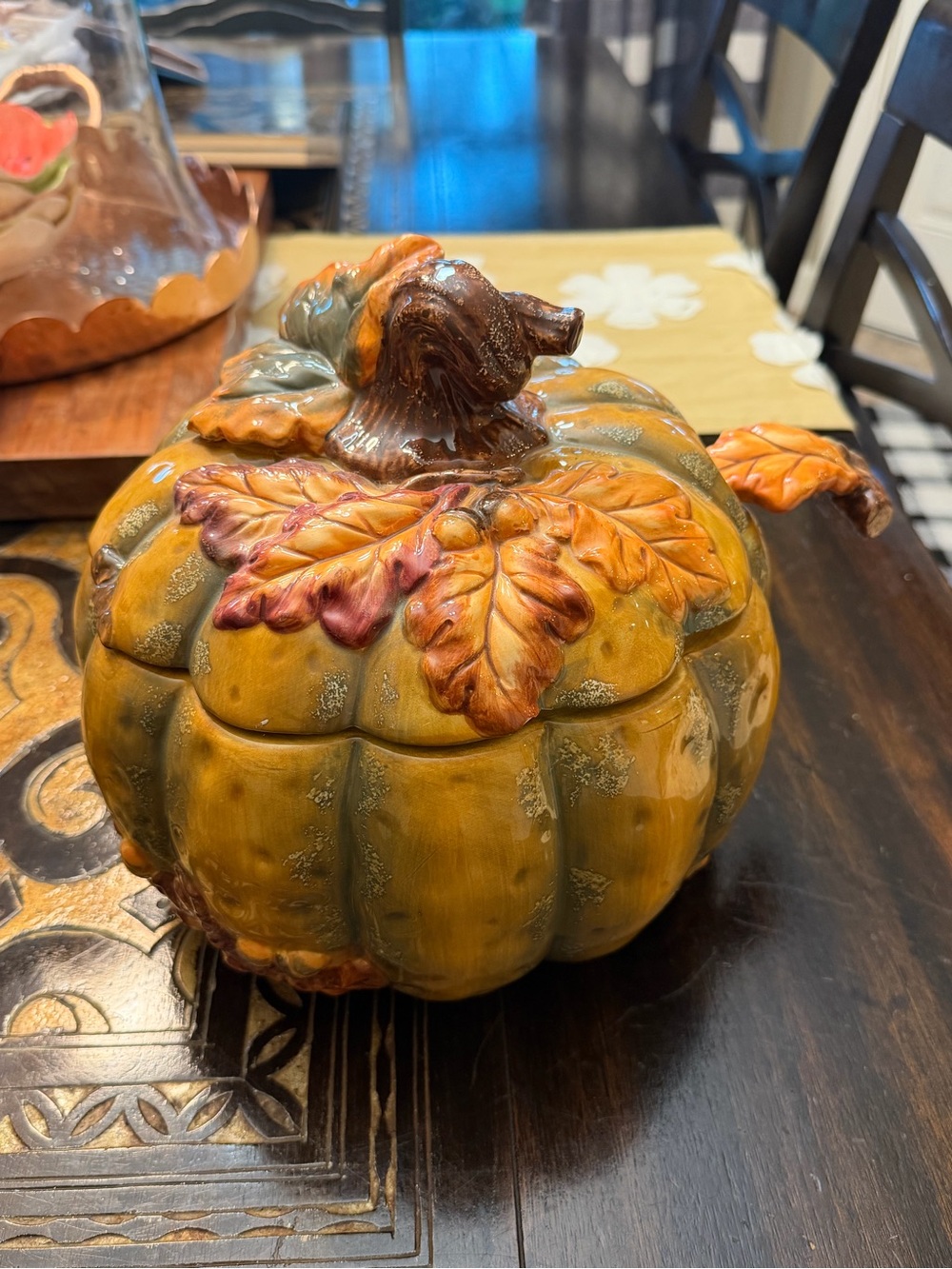 Ceramic Pumpkin soup tureen and ladle with Leaf Lid - Autumn Decoration